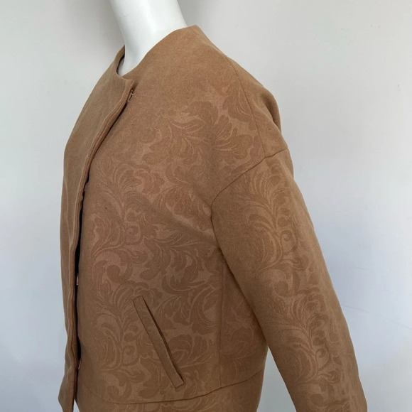 Suite Blanco Paisley Camel Tan Pea Coat Jacket Size L Large Pockets Round Neck - Picture 3 of 10